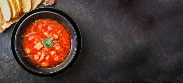 Sopa Tomate Vermelho Primeiro Prato Borscht Carne Legumes Mesa Sem — Fotografia de Stock