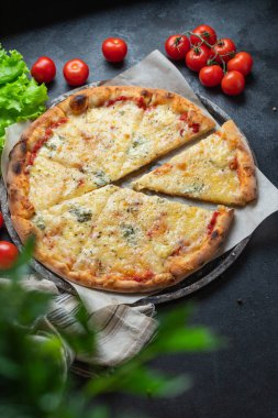 Peynirli pizzanın çeşitli türleri fast food ve diğer malzemeler masanın üzerinde sağlıklı yemek atıştırmalıkları açık havada fotokopi alanı metin yiyecekleri arka plan kırsal görüntü için