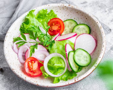 sağlıklı salata sebzeleri domates, salatalık, turplu porsiyon marul sağlıklı yemek atıştırmalığı fotokopi alanı metin yiyecek arka planı kırsal imaj keto veya paleo diyet vegan veya vejetaryen yiyecekler için