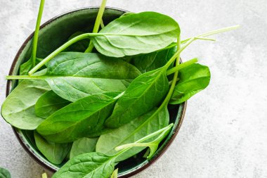ıspanak taze yeşil yaprakları, masada sağlıklı yemek yapmak için. Atıştırmalık yemek bölümü, açık hava manzarası fotokopi alanı. Arka planda resim keto veya paleo diyeti vegan veya vejetaryen gıdalar için.