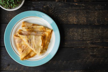 krep tatlı tatlı krep düz kek Shrovetide aperatif sağlıklı yemek üst görünüm fotokopi alanı metin yemek arka plan kırsal