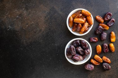 Meyveli, kurutulmuş, meyveli, sağlıklı, lezzetli, abur cubur diyeti. Üst görünüm, fotokopi, arka plan, kırsal veya vejetaryen yemekleri.
