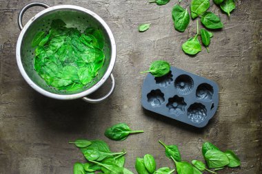 Gri arkaplanda taze ıspanak yapraklarının üst görüntüsü