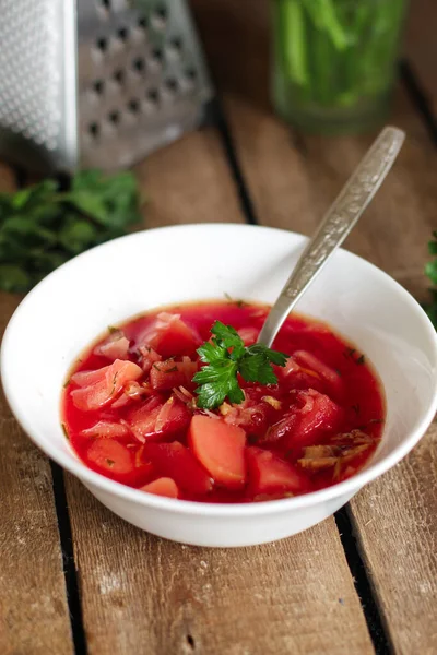 Sup Tomat Merah Borscht Segar Saja Pertama — Stok Foto