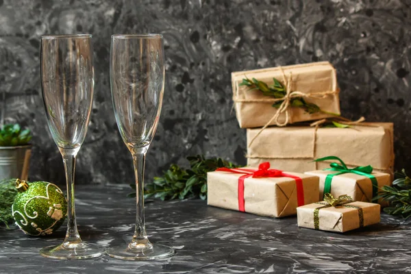 Christmas Background Gift Boxes Glasses Dark Table — Stock Photo, Image