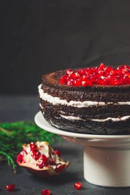 Nar tohumlarıyla süslenmiş kremalı çikolatalı pasta.