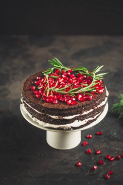 Nar tohumlarıyla süslenmiş kremalı çikolatalı pasta.