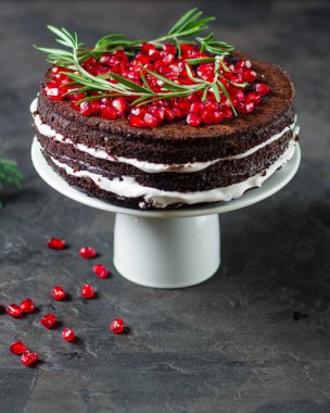 Nar tohumlarıyla süslenmiş kremalı çikolatalı pasta.