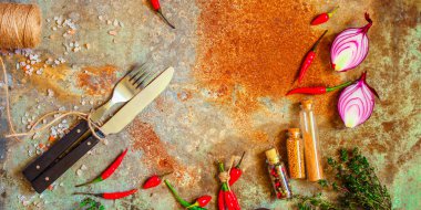 Çatal ve bıçak üst görünüm baharatlar ile düz yatıyordu 