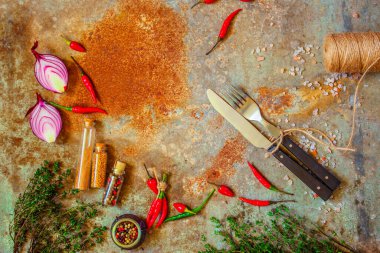Çatal ve bıçak üst görünüm baharatlar ile düz yatıyordu 