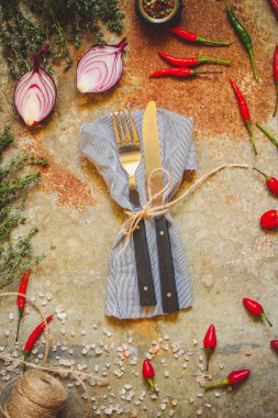 Çatal ve bıçak üst görünüm baharatlar ile düz yatıyordu 