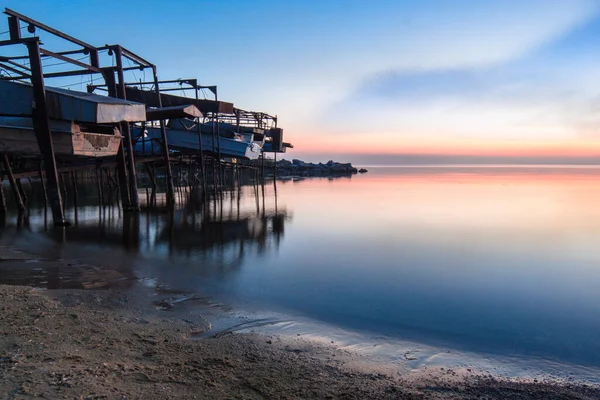Sunset Beautiful Coast Boat Station Starry Sky Concept Background Copy — Stock Photo, Image