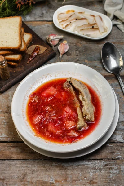 Borsch Red Soup Vegetables First Course Fresh Portion Ready Eat — Stock Photo, Image