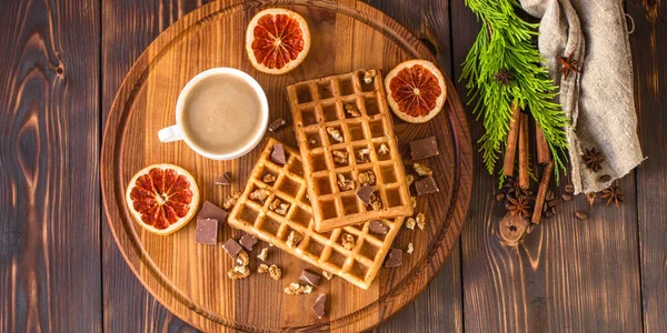 Close View Delicious Sweet Homemade Waffles Wooden Background — 图库照片