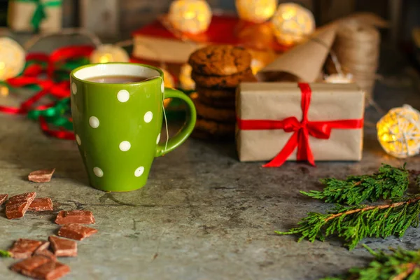 Крупним Планом Чашка Чаю Різдвяному Фоні — стокове фото