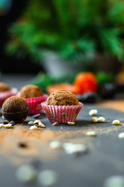 Close View Delicious Homemade Chocolate Truffles Table — Φωτογραφία Αρχείου