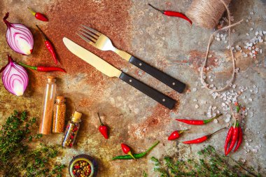 Çatal ve bıçak üst görünüm baharatlar ile düz yatıyordu 