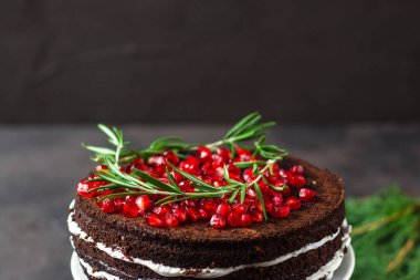 Nar tohumlarıyla süslenmiş kremalı çikolatalı pasta.