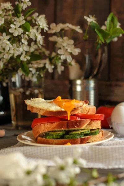 Sandwich Aux Œufs Légumes Frits — Photo