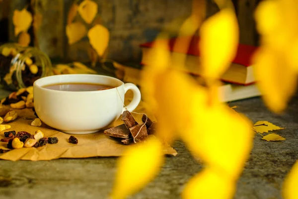 Tea Chocolate Pieces Autumn Leaves — Stock Photo, Image