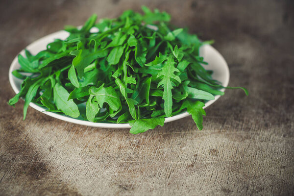 close up fresh arugula leaves 