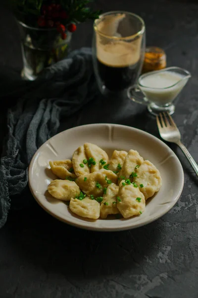 Delicious Homemade Dumplings Sauce Table Top View — Zdjęcie stockowe