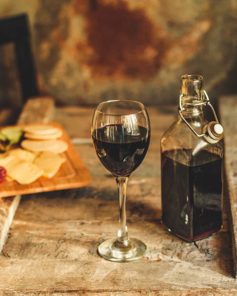 Glass Red Wine Wooden Table Snacks Bottle —  Fotos de Stock