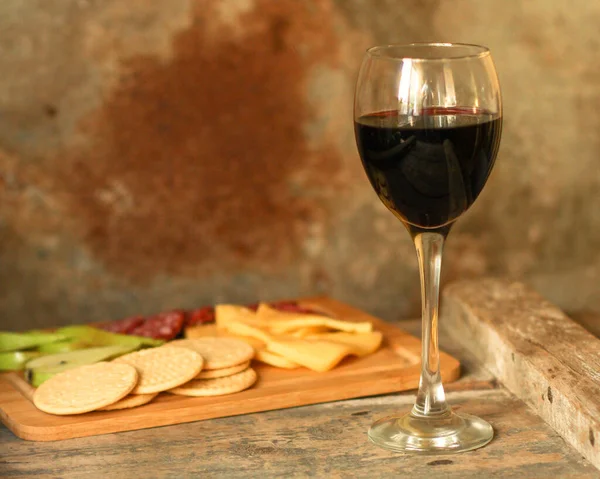 Glass Red Wine Wooden Table Snacks Bottle — Φωτογραφία Αρχείου