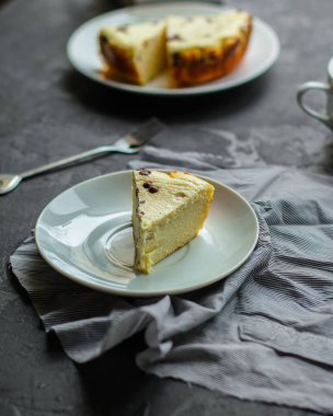 close-up view of delicious piece of cake with chocolate on plate