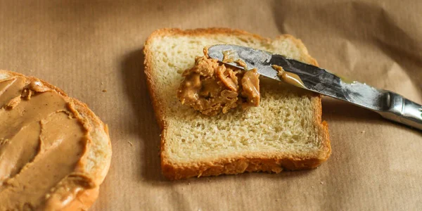 Close View Tasty Toasts Peanut Butter Wooden Board — Stock Photo, Image