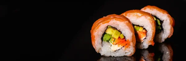 Close View Delicious Sushi Black Background — Zdjęcie stockowe