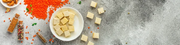 Queso Tofu Cerca Con Otros Ingredientes — Foto de Stock