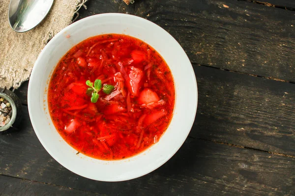 Sup Tomat Merah Borscht Segar Saja Pertama — Stok Foto