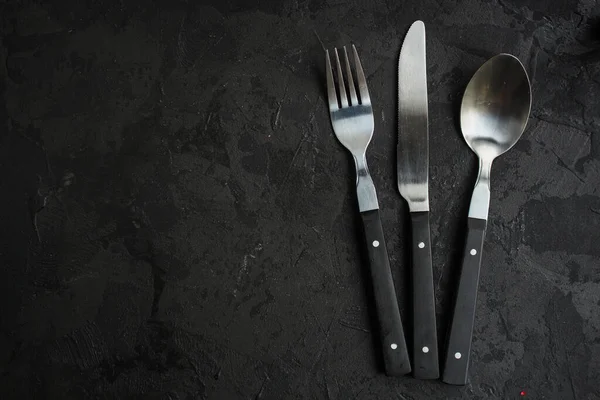 Fork Knife Spoon Dark Stone Background — Foto de Stock