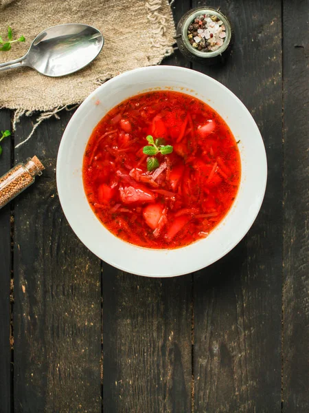 Piros Paradicsom Leves Borscht Friss Első Fogás — Stock Fotó