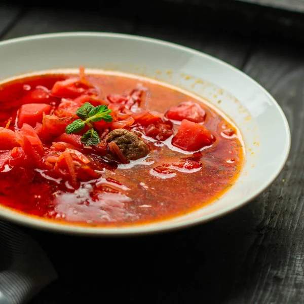 Sopa Tomate Vermelho Borscht Fresco Primeiro Curso — Fotografia de Stock