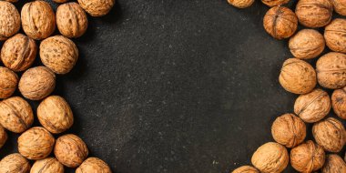 Ceviz, lezzetli ve sağlıklı menü konsepti. Yemek geçmişi. Boşluğu kopyala.  