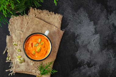 kabak ya da havuç çorbası (ilk yemek, lezzetli sebze vitamini) menü konsepti. Yemek geçmişi. Boşluğu kopyala 