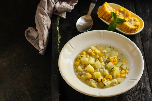 Fermer Soupe Avec Riz Maïs Des Pommes Terre — Photo