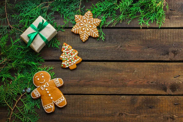 Christmas Gingerbread Cookies Wooden Background — Stock Photo, Image