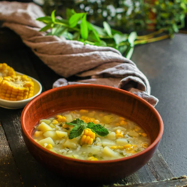 Close Soep Met Rijst Maïs Aardappel — Stockfoto