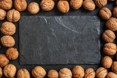 Ceviz, lezzetli ve sağlıklı menü konsepti. Yemek geçmişi. Boşluğu kopyala.  