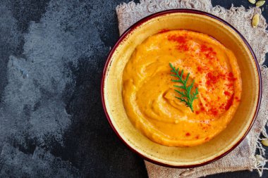 kabak ya da havuç çorbası (ilk yemek, lezzetli sebze vitamini) menü konsepti. Yemek geçmişi. Boşluğu kopyala 