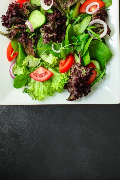 Salada Com Ervas Misturam Cebola Pepinos Tomates — Fotografia de Stock