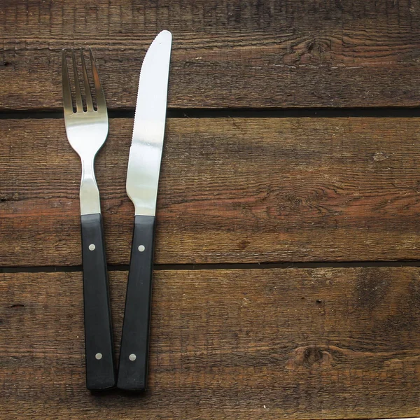 Tenedor Cuchillo Sobre Fondo Madera —  Fotos de Stock