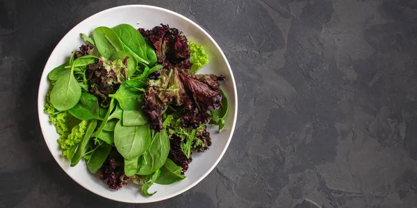 Green Salad Arugula Spinach Gray Background Top View — Φωτογραφία Αρχείου