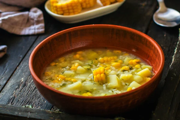 Close Soep Met Rijst Maïs Aardappel — Stockfoto