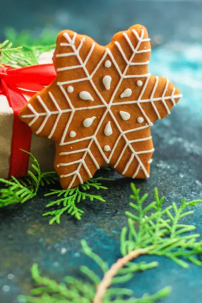 Christmas Gingerbread Cookies Wooden Background — Stock Photo, Image