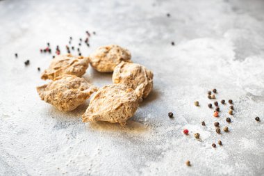 taze soya eti sebze seitan çiğ parçalar atıştırmalıklar sağlıklı yemek fotokopi alanı vegan veya vejetaryen gıda arka plan kırsal üst görüntü 
