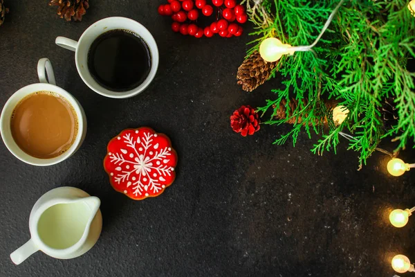 Чашки Чаем Кофе Рождественский Фон Вид Сверху — стоковое фото